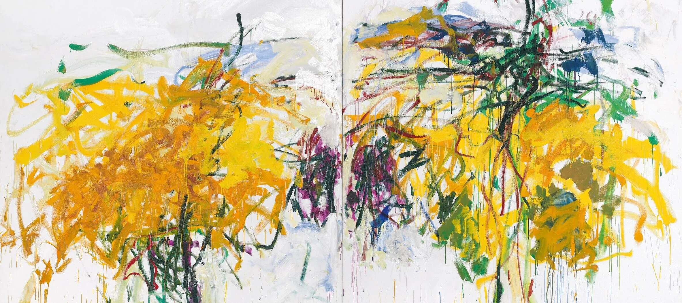 Joan Mitchell, Untitled, 1992 — malarstwo abstrakcyjne w żółciach, zieleniach i fioletach